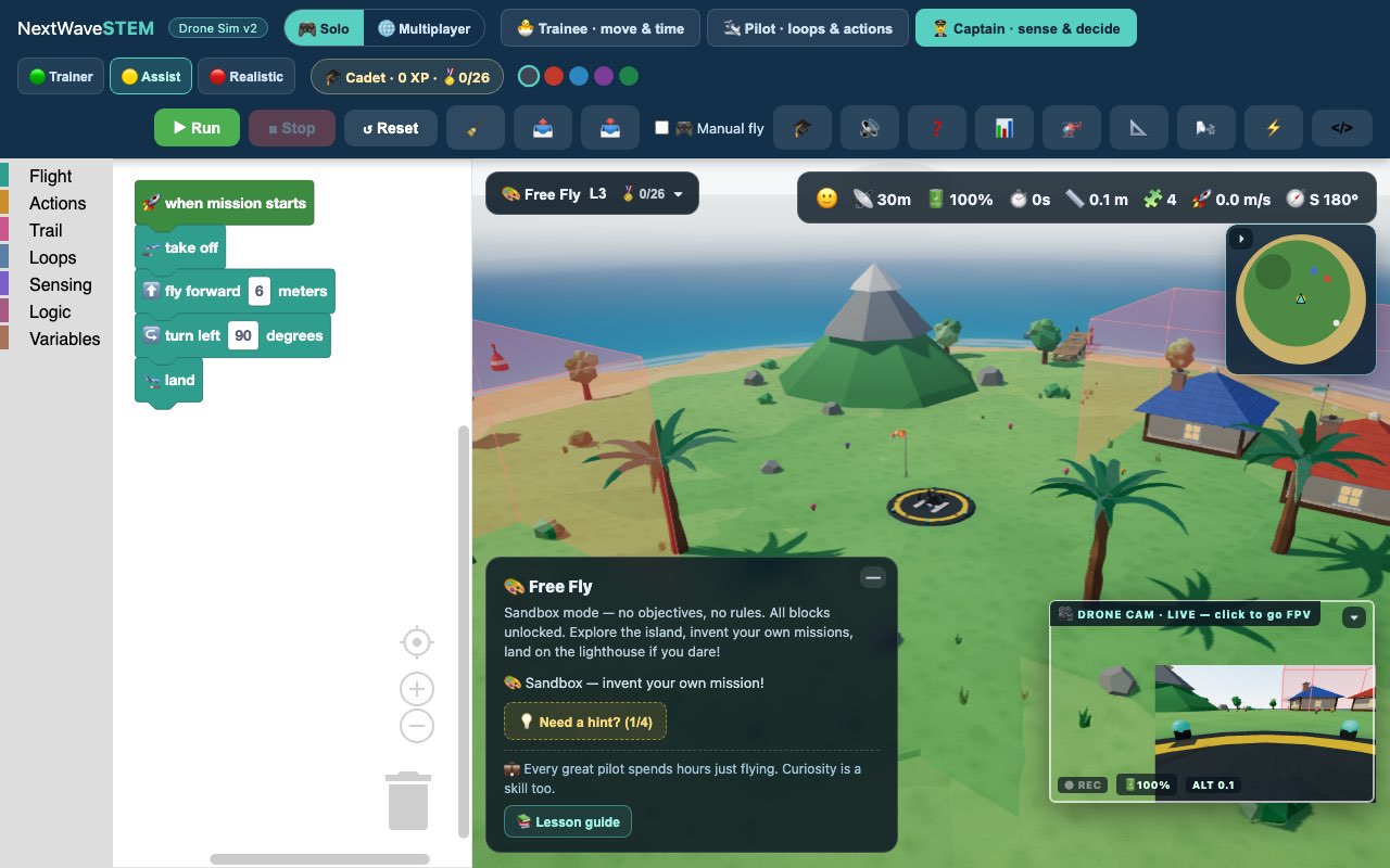 The NextWaveSTEM Drone Simulator: a drone hovering over the 3D Kite Island beside the block-coding workspace, mission objectives, and flight telemetry